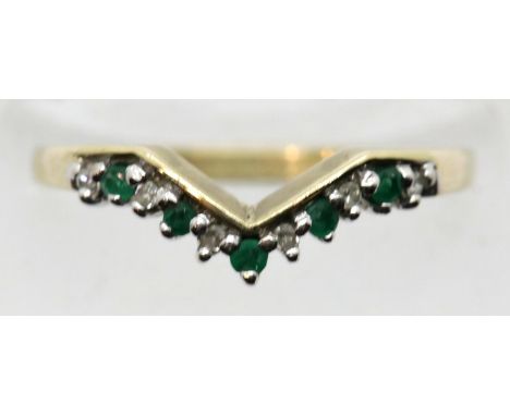 9ct gold, emerald and diamond wishbone ring, size M/N, 1.6g. P&amp;P Group 1 (£14+VAT for the first lot and £1+VAT for subseq