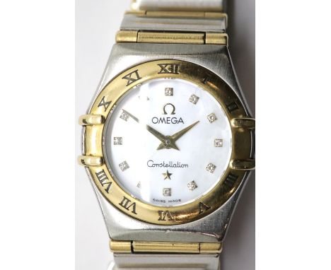 Ladies stainless steel and 18ct gold Omega Constellation with mother of pearl and diamond dial, stainless steel and 18ct gold