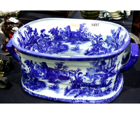 Large blue over white decorated twin handled ceramic wine cooler, 50 x 31 x 21 cm. Not available for in-house P&amp;P Conditi
