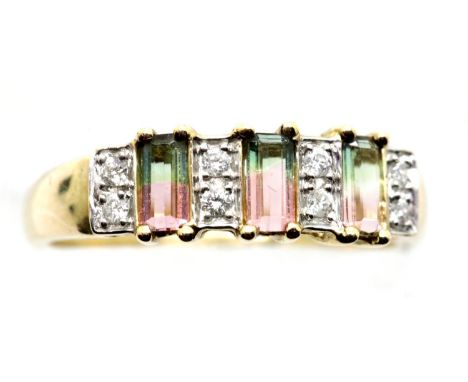 9ct gold, tourmaline and diamond ring, size P, 2.5g. P&amp;P Group 1 (£14+VAT for the first lot and £1+VAT for subsequent lot