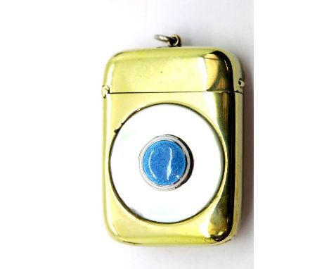 Gold plated vesta case with enamel and mother of pearl decoration. P&amp;P Group 1 (£14+VAT for the first lot and £1+VAT for 