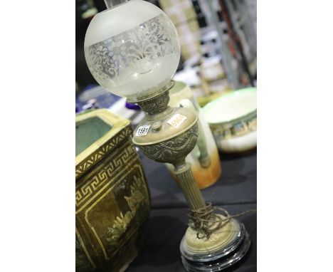 19thC brass columnular oil lamp with glass chimney and etched shade, with later electric conversion, H: 67 cm. Not available 