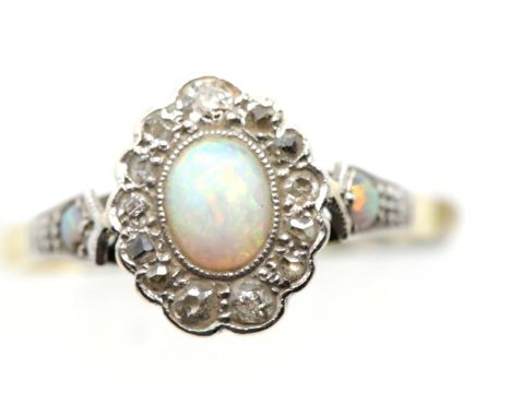 Ladies 18ct gold and platinum antique opal and diamond ring, size N, 2.9g. P&amp;P Group 1 (£14+VAT for the first lot and £1+