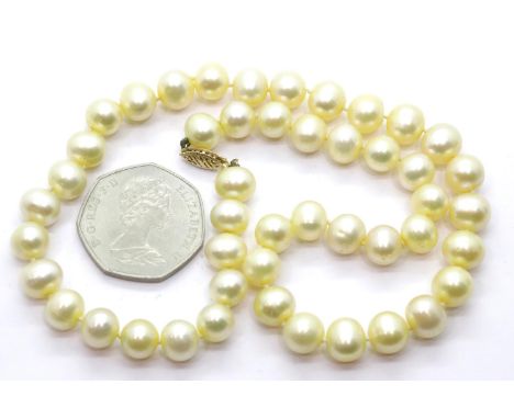 Pearl necklace with 14K gold clasp, each pearl 7 mm, necklace L: 45 cm. P&amp;P Group 1 (£14+VAT for the first lot and £1+VAT