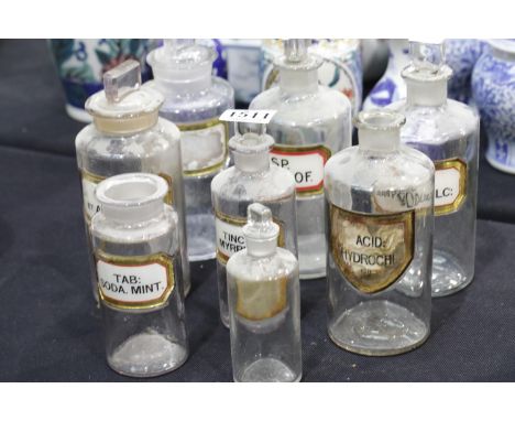 Eight vintage labelled pharmacy bottles, two lacking stoppers. P&amp;P Group 3 (£25+VAT for the first lot and £5+VAT for subs