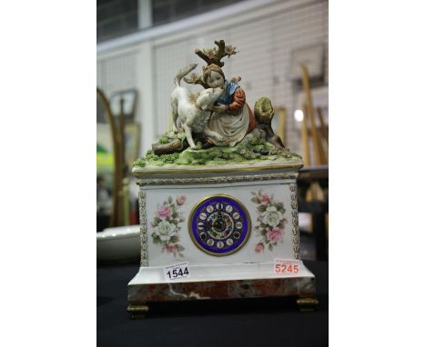 Large Capodimonte figural chiming ceramic clock with German two bell movement. Not available for in-house P&P.Condition Repor