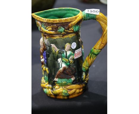 Large figural decorated Majolica jug, H: 25 cm. P&amp;P Group 3 (£25+VAT for the first lot and £5+VAT for subsequent lots) 