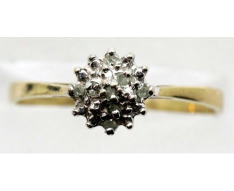 9ct gold diamond cluster ring, size P, 1.5g. P&amp;P Group 1 (£14+VAT for the first lot and £1+VAT for subsequent lots) 