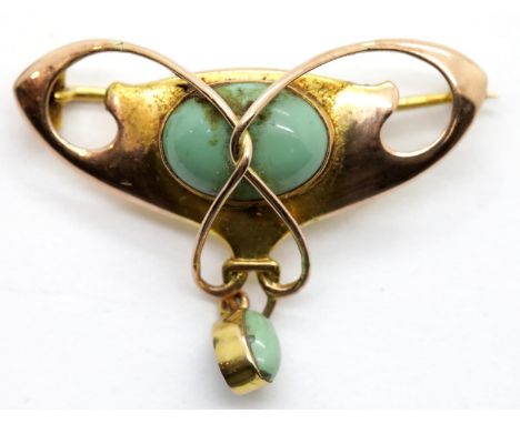 Edwardian Art Nouveau brooch set with turquoise, presumed 15ct gold. P&amp;P Group 1 (£14+VAT for the first lot and £1+VAT fo