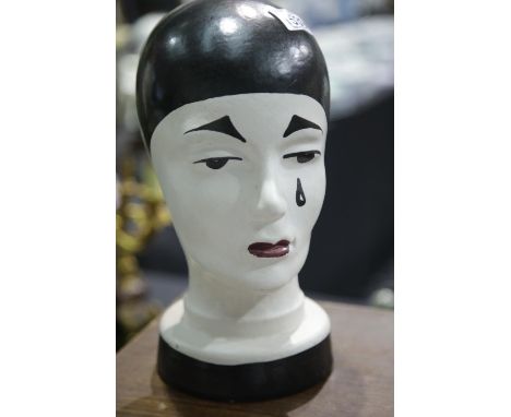 Ceramic tearful Pierrot head, H: 30 cm. P&amp;P Group 2 (£18+VAT for the first lot and £3+VAT for subsequent lots) 