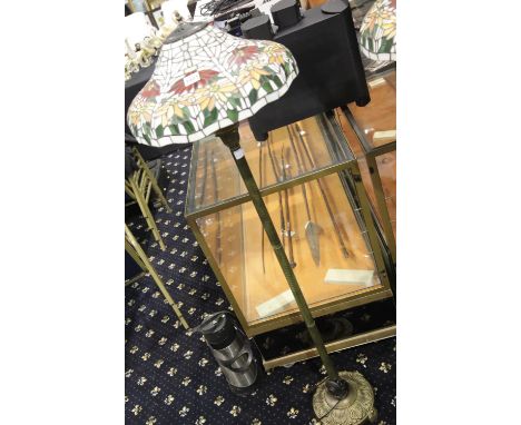 Contemporary antique brass finish standard lamp, dual lit with a Tiffany style coloured glass light shade. Not available for 