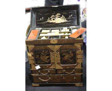 Vintage Chinese Mahjong set in a decorative box with copper mounts, Box H: 38 cm. P&amp;P Group 3 (£25 for the first lot and 