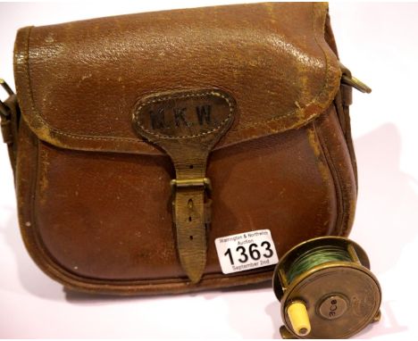 Antique brass trout reel with ivorine handle by Ogden Smith of Hyde Park Corner and a vintage leather kreel. P&amp;P Group 2 