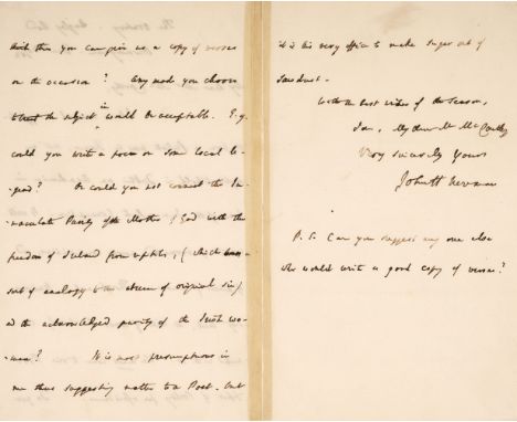 * Newman (John Henry, 1801-1890), English Catholic theologian, canonized as a Catholic saint in 2019. Autograph Letter Signed