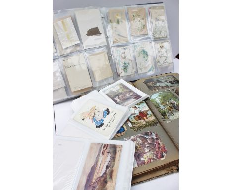 A Postcard album containing circa 440 cards including comic cards, portrait cards, greetings cards, ships, trains, views of B