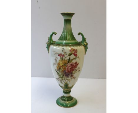 A Royal Worcester twin handled vase of ovoid shape with green ground, gilt lined fluted narrow neck and rising circular foot,