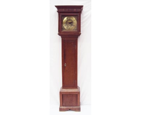 An 18th century oak longcase clock the hood with a moulded cornice and Ionic columns above a long trunk door, panelled box ba