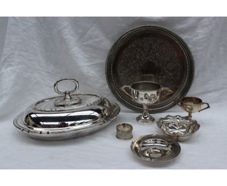 An Elizabeth II silver dish, London, 1966, together with a pierced silver dish, napkin ring, epns entree dish and cover, tray