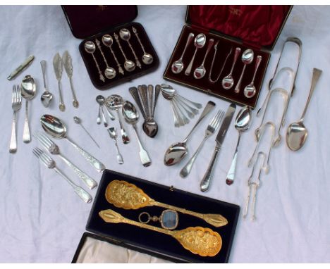 A cased set of six Victorian silver apostle spoons, London, 1880 together with  silver tea spoons, ladle, mustard spoons, sug