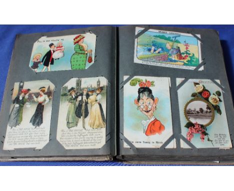 A postcard album containing circa 350 cards including scenes of Clevedon, London, Bournemouth, Cardiff,  comic cards, greetin