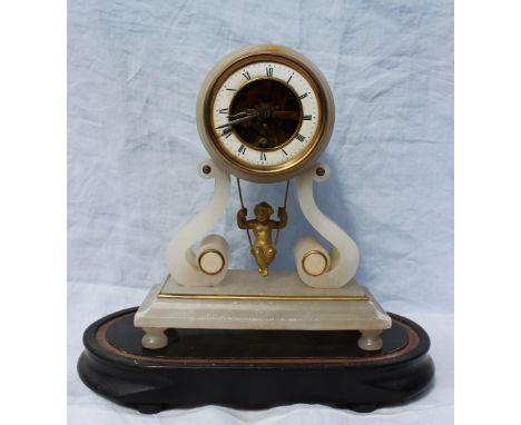 A Victorian white alabaster cased mantel clock, the circular dial with visible part movement and Roman numerals and `cherub o