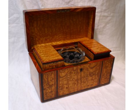 A 19th century Hungarian ash tea caddy of rectangular form enclosing a pair of lidded compartments and a central pedestal gla