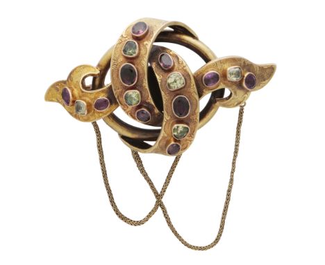 An antique late Victorian mourning brooch in high carat yellow gold, probably 15ct, the bow design with textured scrolling de