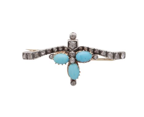 An antique turquoise and diamond brooch in yellow gold and platinum / silver, the rose cut diamond set bar set with three a t