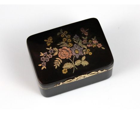 An antique Silver and gold tortoiseshell box, probably French, of rounded rectangular form, the lid inlaid with yellow, green