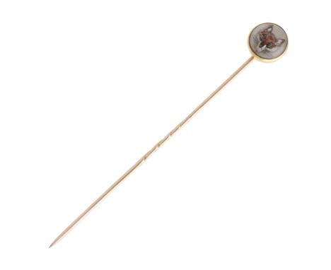 An antique Essex crystal fox tie / stick pin in 18ct yellow gold, the circular crystal reverse decorated with the head of a f