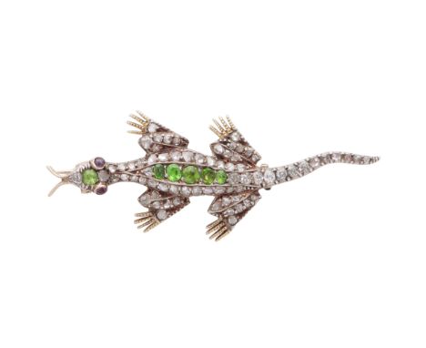 An antique Victorian / Edwardian jewelled lizard brooch, in high carat yellow gold and platinum, set with six round cut deman