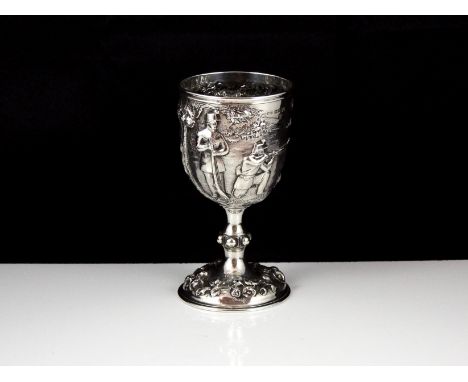 An unusual antique Victorian Sterling Silver wine goblet by Robert Hennell III, London 1860. Of typical form, on a circular p
