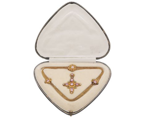 An antique Georgian pink topaz cross pendant / necklace in yellow gold, the pendant set with five round and oval cut pink top