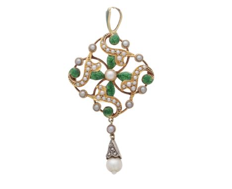 An antique pearl pendant in yellow gold, the floral scrolling design set with cream and grey seed pearls and panels of green 