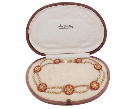 An antique Georgian coral and pearl necklace in yellow gold, the seven circular motifs set with pearl clusters surrounded by 