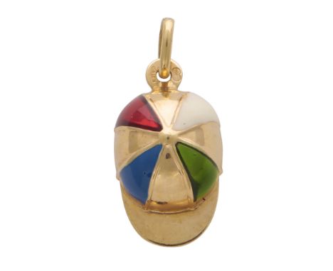 A vintage 9ct yellow gold and enamel jockeyâ€™s cap horseracing charm, decorated with red, blue, green and white enamel strip