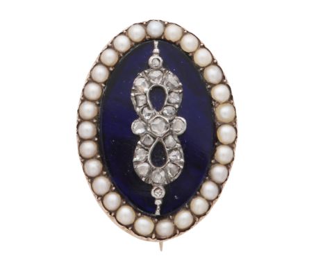 An antique Victorian diamond and pearl brooch in yellow gold, the rose cut diamond set bow motif against a deep blue panel, s