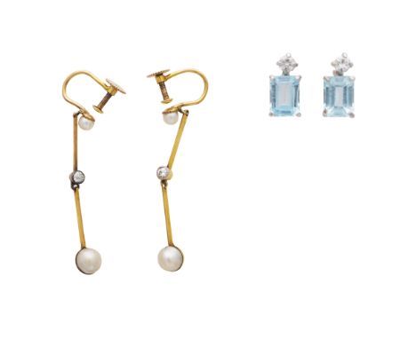 A pair of antique pearl and diamond drop earrings in 9ct yellow gold with screw back fittings, together with a pair of topaz 