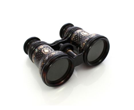 A pair of antique Victorian tortoiseshell and gold opera glasses by L Casella, London. With gold pique and mother of pearl in
