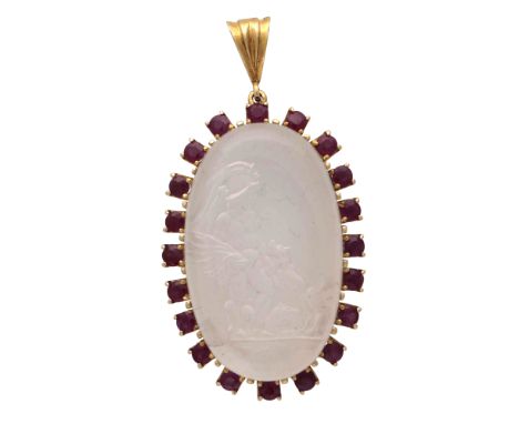 An antique moonstone cameo pendant in yellow gold, the oval cabochon moonstone with a carved cameo decoration to the rear, su