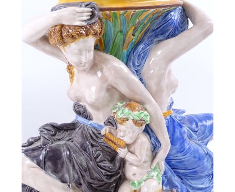 Wedgwood Majolica, 19th century polychrome glazed pottery pedestal, supported by 2 Classical female figures and bacchanalian 