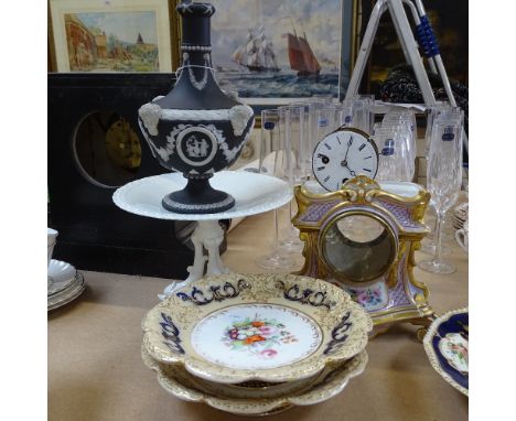 A Wedgwood black Jasperware vase, 25cm, a porcelain cake stand, a Continental porcelain clock, and a pair of early 19th centu