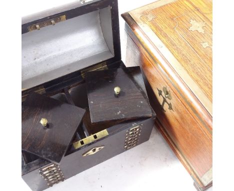 A Victorian coromandel dome-top tea caddy, with brass and mother-of-pearl mounts, W20cm, and an Indian hardwood and brass-bou