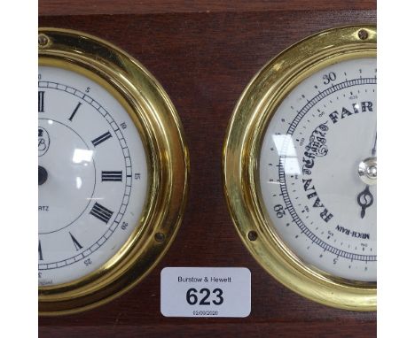 A modern ship's style quartz clock/barometer on mahogany plaque, length 30cm 