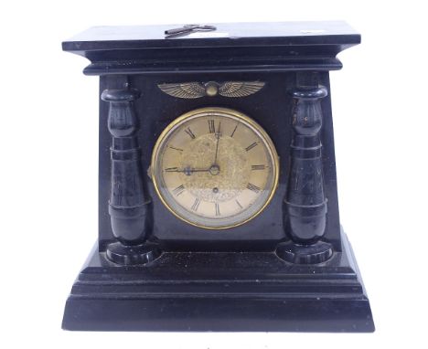 An Egyptian Revival slate-cased architectural mantel clock, with engraved brass dial, and fusee movement, height 31cm
