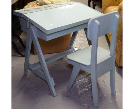 A Vintage painted child's school desk and chair 