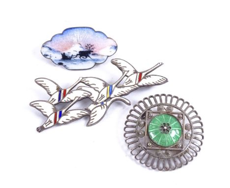 Various Scandinavian silver and enamel jewellery, including Erik Magnussen Emeret brooch, Olaf Fritjof Hjortdahl sleigh brooc