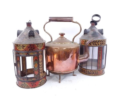 A pair of Vintage Toleware painted metal lantern light shades, height 34cm, and a large Victorian copper kettle on trivet