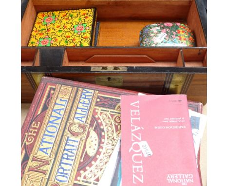 Art books including 2 volumes "The National Portrait Gallery", a pair of mahogany wall brackets, and a writing box with inlai