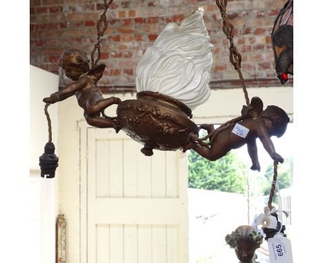 A Vintage gilt-metal cherub design hanging light fitting, with opaque glass flame shade, length 40cm 